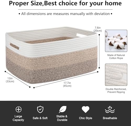 OIASKET Large Storage Basket for Organizing, Woven Rope Basket for Shelves, Closet Organizer Bins for Clothes, Blanket, Toys, Baby Nursery Storage, 17.7" x 13" x 7.87", 3 Packs Gradient Yellow - Image 2
