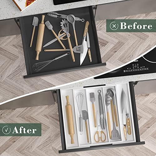 Utensil Organizer for Kitchen Drawers - Bamboo Silverware Tray Expandable 5 Slots Drawer Organizer for Office and Pantry Supplies W13.7-19.9" x L17.6 X H2.5 (White) - Image 4