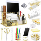 Office Desk Organizers, Gold 13PCS Office Supplies and Accessories Desk Organizer, Acrylic Stapler, Staple Remover, Clips, Scissor, Phone Holder, Pen, Pen Holder by YOLOZAI