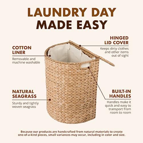 KOUBOO Seagrass Half Moon Basket, Handwoven Laundry Hamper Basket with Lid, Handles, & Removable Liner, Home Decor and Organization, Natural - Image 5