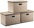 PRANDOM Large Collapsible Storage Bins with Lids [3-Pack] Jute Fabric Foldable Storage Boxes Organizer Containers Baskets Cube with Cover for Home Bedroom Closet Office Nursery (17.7x11.8x11.8) by Prandom