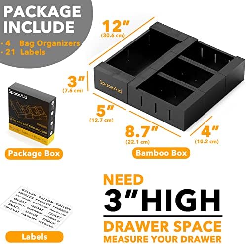 SpaceAid Bag Storage Organizer for Kitchen Drawer, Bamboo Organizer, Compatible with Gallon, Quart, Sandwich and Snack Variety Size Bag (4 Pack), Black - Image 3