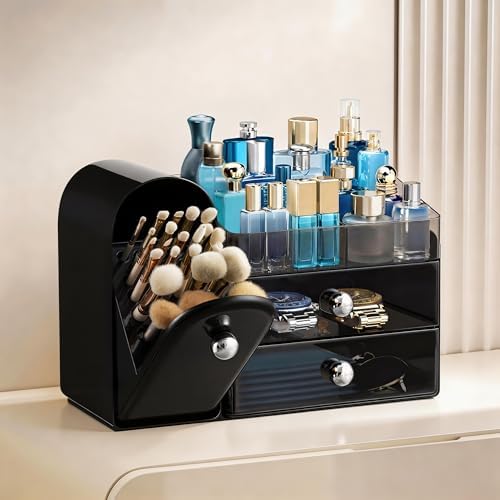 HBlife Makeup Organizer Countertop with Drawers, Cologne Organizer for Men, Vanity Organizers with Brush Holder, Bathroom Countertop Organizer Skin Care Storage, Gift for Dad Husband, Black Silver - Image 2