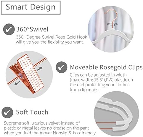 MIZGI Premium Velvet Pants Hangers with Clips (Pack of 20) Slim Skirt Hangers- Non Slip Felt Outfit Dress Hangers White - Copper/Rose Gold Hooks,Space Saving Shirt Clothes Hangers - Image 3