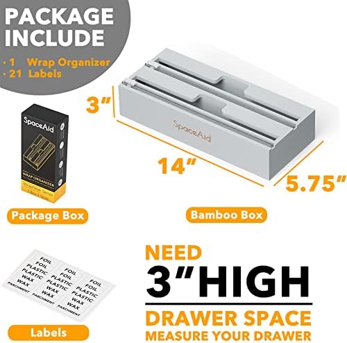 SpaceAid WrapNeat 2 in 1 Wrap Organizer with Cutter and Labels, Plastic Wrap, Aluminum Foil and Wax Bamboo Dispenser for Kitchen Storage Organization Holder for 12" Roll (Gray) - Image 3