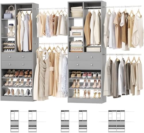 Besiost Closet System, Up to 134"/11.2 FT Closet Organizer with 4 Wooden Drawers and Shelves, Walk-in Closet System with 6 Hanging Rods, Built-in Closet Can Fit 96"/8FT, 120"/10FT, Morandi Grey Set 2 by Besiost