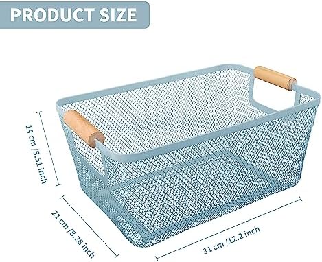 2Pack Metal Mesh Steel Basket with Bamboo Handle - Wire Metal Basket for Kitchen Organization, 12" Wide Food Organizer Bin, Perfect for Organizing Bulk Pantry (BLUE) - Image 2