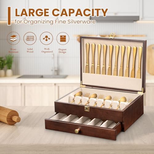 Silverware Storage Box, 2-Layer Flatware Storage Case with Drawer, Wooden Silverware Chest with Linen Liner, Rustic Silverware Case for Storing Fine Flatware and Utensils (Walnut) - Image 5