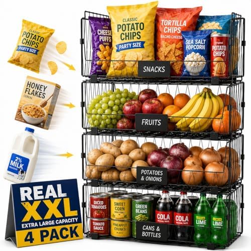 4 PACK XXL Stackable Wire Baskets for Pantry Organization and Storage by Dxlac