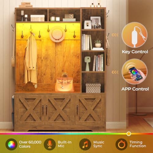 Itaar Hall Tree with Bench and Shoe Storage, Farmhouse Entryway Bench with Coat Rack, Shoe Cabinet with Adjustable Shelves, 6 Storage Cubbies, 10 Coat Hooks, Storage Bag, Led Lights, Rustic Brown - Image 7