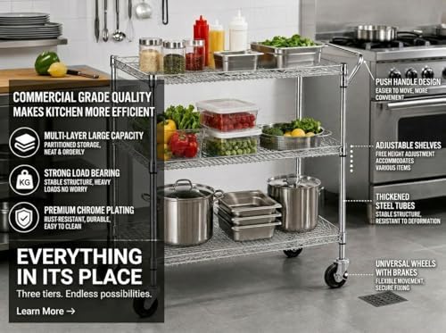 Heavy Duty 3 Tier Rolling Utility Kitchen Cart on Wheels,Large 45"L x 17 1/2"D x 45"H Metal Serving Cart Commercial Grade with Wire Shelving and Handle Bar for Office School Church Kitchen Hardware - Image 3