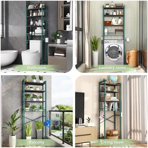 Kalrin Over-The-Toilet Storage Rack, 4-Tier Bathroom Organizer Shelf Over Toilet with Adjustable Shelf and Basket, Freestanding Space Saver Bathroom Shelves Above Toilet for Room (Green- Black) - Image 3