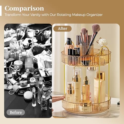 Aveniee 360 Rotating Makeup Organizer for Vanity, Upagraded Perfume Skincare Bathroom Counter Organizers with Brush Divider, Two Tier Spinning Lipstick CosmeticLotion Storage,Gold - Image 4