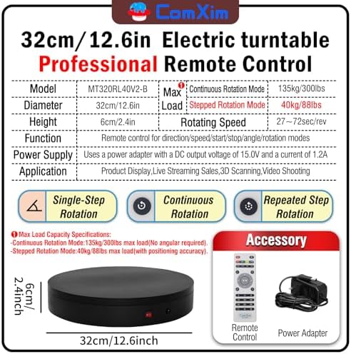 12.6In Remote Motorized Electric Turntable Rotating Display Stand Rotating Platform Photography Turntable motorized lazy susan base giratoria para for Photography,3D Scanner,(Load Range:88~300lbs) - Image 2