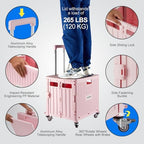 MACOPRO Folding Utility Cart Portable Rolling Crate Handcart Shopping Trolley Collapsible Tool Box, with Lid, Basket on 4 Rotate Wheels, for Grocery, Shopping, Office, Teacher (Pink) - Image 3