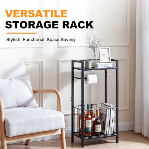 Black Freestanding Toilet Paper Holder Stand with Shelf and Storage, All-in-One Bathroom Tissue Roll Dispenser with Extra Space for Toilet Rolls, Wet Wipes, Phones, Tablets and Magazines - Image 7