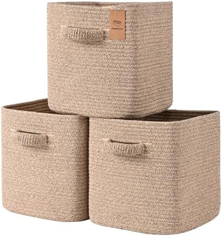 11 Inch Storage Cubes, 3 Pack Cube Storage Bins for Organizing, Cotton Rope Woven Baskets for Shelves, Bathroom, Kids Room, Closets, Baby Nursery by Degeyoyo