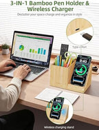 Bamboo Pen Holder for Desk with Wireless Charger, Desktop Organizer - Image 2