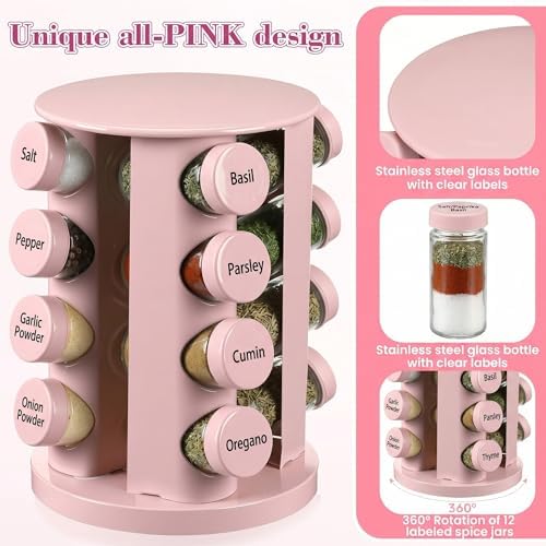 Yungyan Pink Rotating Spice Rack with 16 Empty Jars and Labels - Image 5
