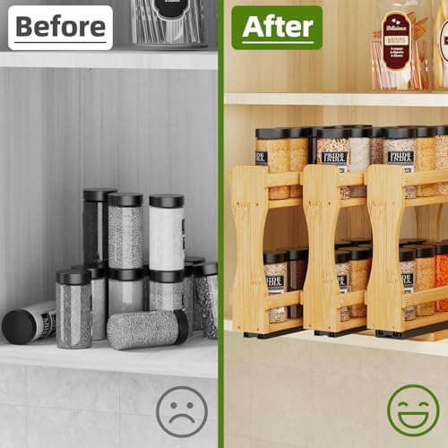BAMEOS Pull Out Spice Rack Organizer for Cabinet, Bamboo Wide 7.7" Slide Out Seasoning Organizer for Kitchen, No Drill Anti-Tip Ball Bearing Silent Glides, Pantry Cabinet Organizer, Natural - Image 7
