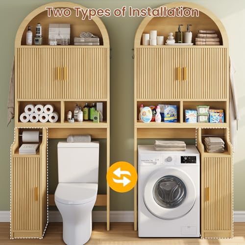 Itaar Arched Over The Toilet Storage Cabinet, 78.7" H Fluted Bathroom Organizer with Reversible Side Cabinet, Adjustable Shelves, Anti-Tipping, Hooks & Paper Holder for Bathroom Laundry Room, Oak - Image 5