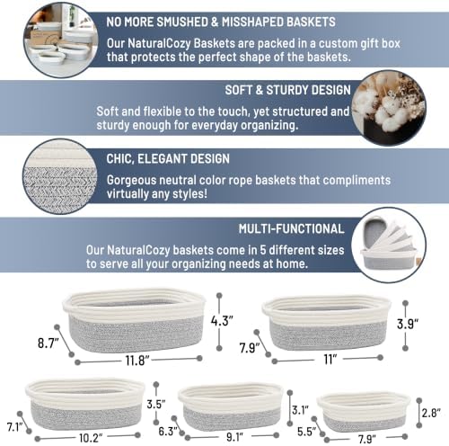 NaturalCozy 5-Piece Rectangle Storage Basket Set- Natural Cotton Rope Woven Baskets for Organizing! Small Basket for Montessori, Baby Nursery, Dog Toy Baskets, Cat Toy Box, Bathroom Organization Bin - Image 2