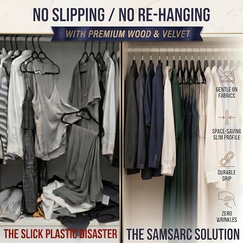 Wooden Hangers, 20 Pack, Non-Slip Velvet for Pants, Coats (Black) - Image 3