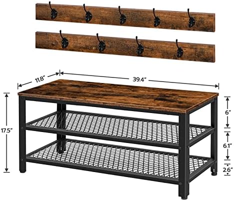 HOOBRO Hall Tree Entryway Storage Bench, Coat Rack Shoe Bench, Shoe Rack Organizer with Coat Hooks, 3-in-1 Design, Wooden Furniture with Metal Frame, Rustic Brown and Black BF171MT01 - Image 6