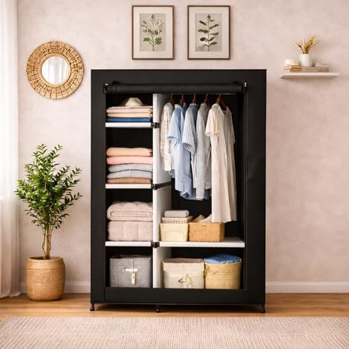 Simple Deluxe Wardrobe with lid, Clothes Rack for Hanging Clothes, 40.7" W x 17.5" D x 64.2" H Garment Rack，Max Load 143LBS，Black Rack with Black Cover - Image 2