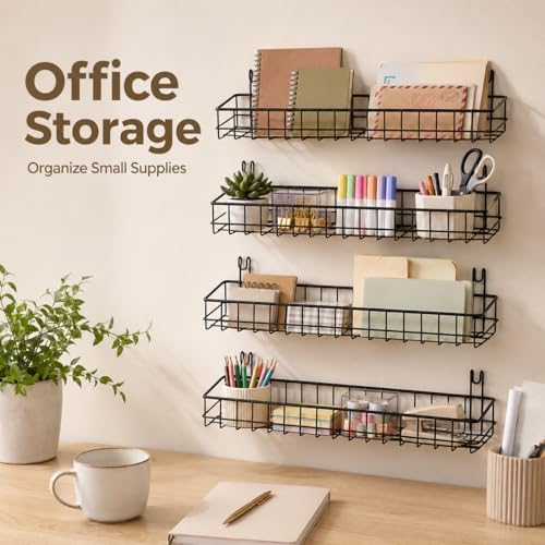 4 Pcs Metal Grid Wall Baskets with Hooks, 15.75 x 3.94 x 1.97 Inch Grid Wall Shelves Hanging Wire Basket Multi Function Storage Organizer for Kitchen Organizing Display (Black) - Image 6