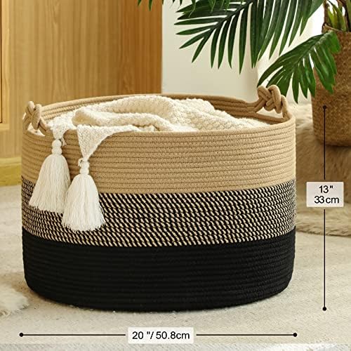 KAKAMAY Large Blanket Basket (20"x13"),Woven Rope Baskets for storage Baby Laundry Hamper, Cotton Rope Blanket Basket for Living Room, Laundry, Nursery, Pillows,Baby Toy chest (Jute/Black) - Image 5