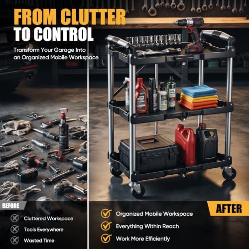 3-Tier Folding Utility Cart, Heavy Duty Rolling Cart with Wheels - Image 7