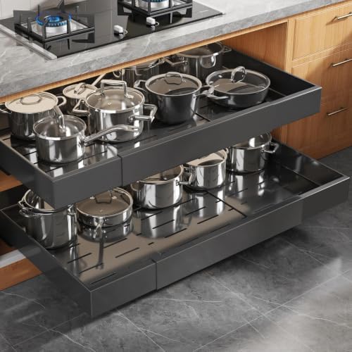 Seinloes 2 Pack Pull Out Cabinet Organizer for Wide Cabinets,Expandable 20.4"-30.4" Width,5 Slide Rails Slide Out Drawers With Raising Pad for Framed Cabinets,No Drill Roll Out Shelves 21" Deep,Black by Seinloes