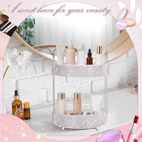 Honeydak Rotating Perfume Organizer Tray, 2 Tiers, Rhinestone, White - Image 4
