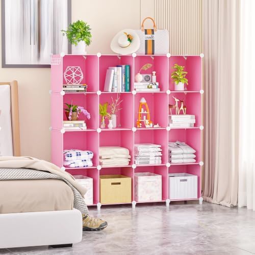 Neprock 16 Cubby Storage Organizer, Closet Clothes Storage Organizer, Cube Shelves Closet Organizers and Storage Shelves for Clothing Storage with Hammer, Bookshelf for Kids（Pink） - Image 2