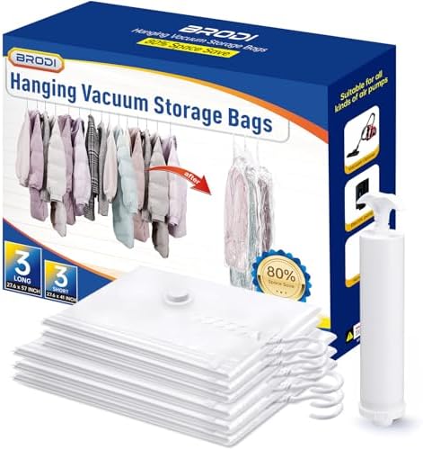 Hanging Vacuum Storage Bags For Clothes With Hand Pump,Coat Storage Bag Hanging,Vacuum Bags For Clothes,Space Saver Vacuum Storage Bags,Garment, Clothing, Dress, Suit, Long Coat, Jacket(Combo 6 Pack) by BRODI