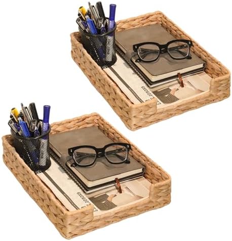 Set of 2 Water Hyacinth Letter Tray for A4 File Desk Mail Letter-Size Paper, Basket Woven Organizer, Magazine Files Storage, Office Document Organizer and Storage by PINXIURY