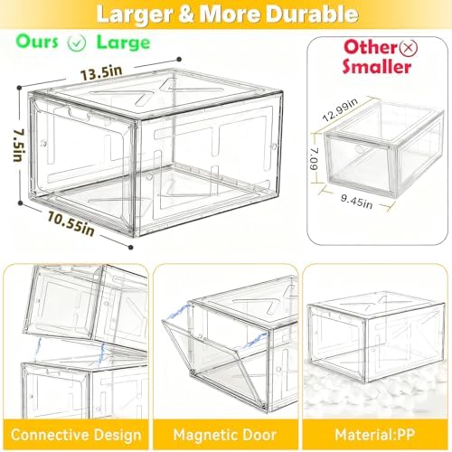 6 Pack Large Drop-Front Black Transparent Shoe Boxes, Stackable Sneaker Storage Container for Closet, Fits US Size 13+, Magnetic Front Door, Heavy-Duty Reinforced Plastic Shoe Organizer - Image 4