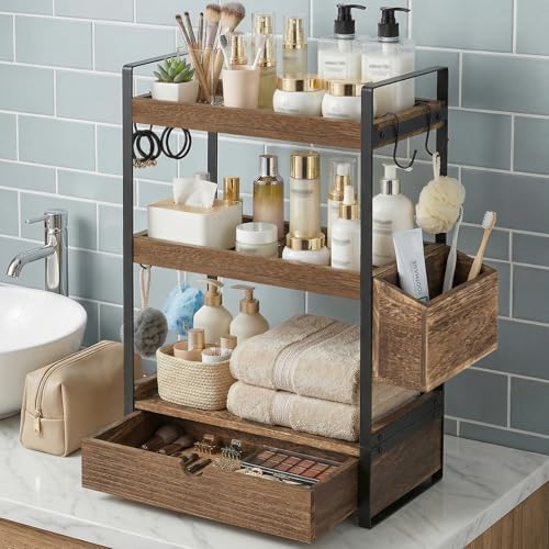 3-Tier Bathroom Counter Organizer with Drawer Basket and Hooks, Wood Bathroom Organizers and Storage for Countertop, Farmhouse Countertop Organizer, Counter Shelf for Vanity, Kitchen,Office - Image 3