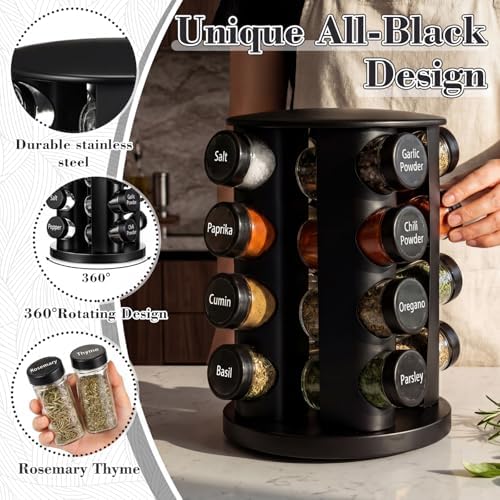 Yungyan Black Rotating Spice Rack with 16 Empty Jars and Labels - Image 5