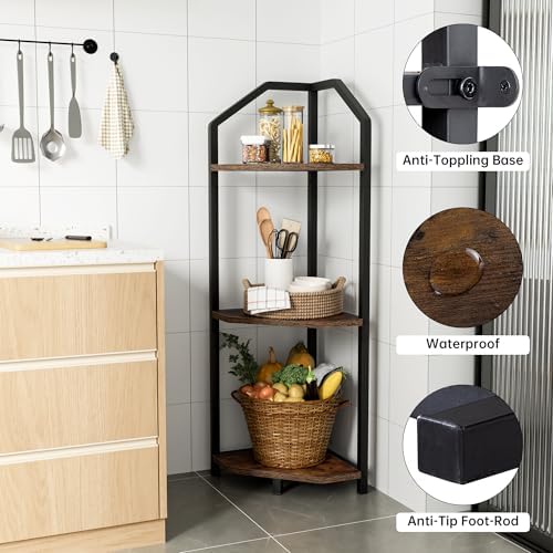 Fun Memories 3 Tier Corner Shelf, 40” Corner Shelf Stand, Corner Bookshelf Plant Stand, Storage Shelf for Bathroom, Living Room, Kitchen,Grey Home Office, Brown - Image 4