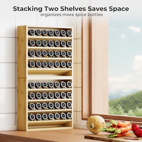 Orimade 4 Tier Spice Rack Organizer for Cabinet with 28 Plastic Spice Jars, Freestanding Bamboo Seasoning Rack for Countertop, Cupboard, Pantry, Kitchen, 13.18 x 4.13 x 12.2 inches - Image 4