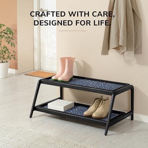 Anji Mountain Heavy Duty Waterproof Wooden Shoe Storage Mat Organizer/Boot Storage Tray Multi Use for Entryway with Coir, Blue and Ivory Insert, 2 Tier, Fits 6 Pair (36.5" Wide) - Image 5