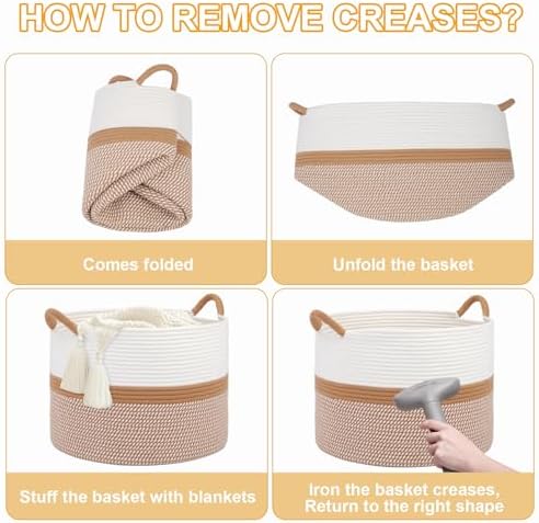 Laundry Basket,Laundry Hamper,20''x13''Woven Cotton Rope Blanket Basket in Living Room;Toy storage;Nursery hamper,Pillows,Girls Kids Baby Toy chest,Baskets for storage,Decor (White/Brown) - Image 7