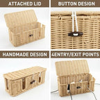 2 Pcs Rattan Cable Management Box, Large Cord Organizer Box with Lid Under Desk Router Hider with 4 Exits, Wire Boxes Hider for TV Wires Computer Surge Protector USB Hub Power Strip(Natural) - Image 6