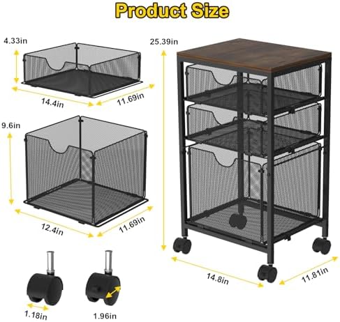 BOHDK Rolling File Cart with 3 Storage Drawers, Wood & Mesh Hanging File Folder Organizer with Wheels Under Desk, File Cabinets for Home Office, 11.81" D x 14.8" W x 25.39" H, Black - Image 3