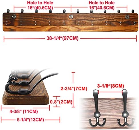 Dseap Coat Rack Wall - Heavy-Duty 38-1/4" Long, with Reinforced 10 Custom Tri-Hooks, Solid Wood Wall Hanger for Coats Hat Jackets - Rustic Farmhouse Entryway Storage, Natural & Black, Pack of 2 - Image 6