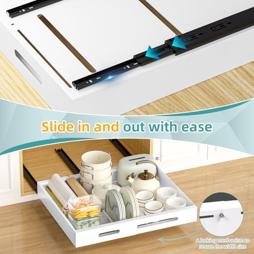 HBL' 1 Pack | 21" Deep Pull Out Cabinet Organizer Adhesive, (13.8" to 22.0") Width Expandable Sturdy Carbon Steel Roll-Out Drawers, Designed for Frameless Cabinets, Slide-Out Shelves for Pantry. - Image 4