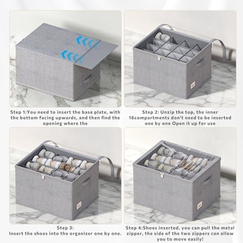Shoe Organizer for Closet, 2 Pack Foldable Shoe Storage Box with Clear Cover and Adjustable Dividers, Stackable Storage Bins for Boots, Fits up to 32 Pairs (Grey, 19.7 × 15.7 × 12.6 in) - Image 4