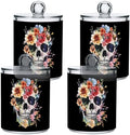 Fustylead 4 Pack Retro Floral Skull Watercolor Qtip Holder Dispensers for Cotton Swab, Ball, Round Pads, Floss, Plastic Apothecary Jar Set for Bathroom Canister Storage by Fustylead